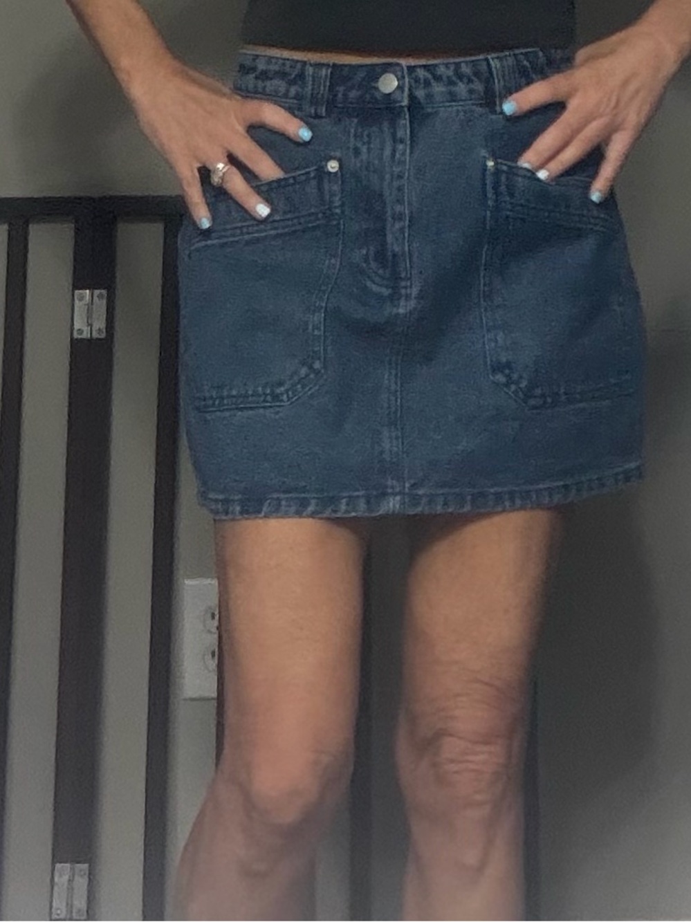 Le Lis Dark Blue Denim Mini Skirt with Front Patch Pockets